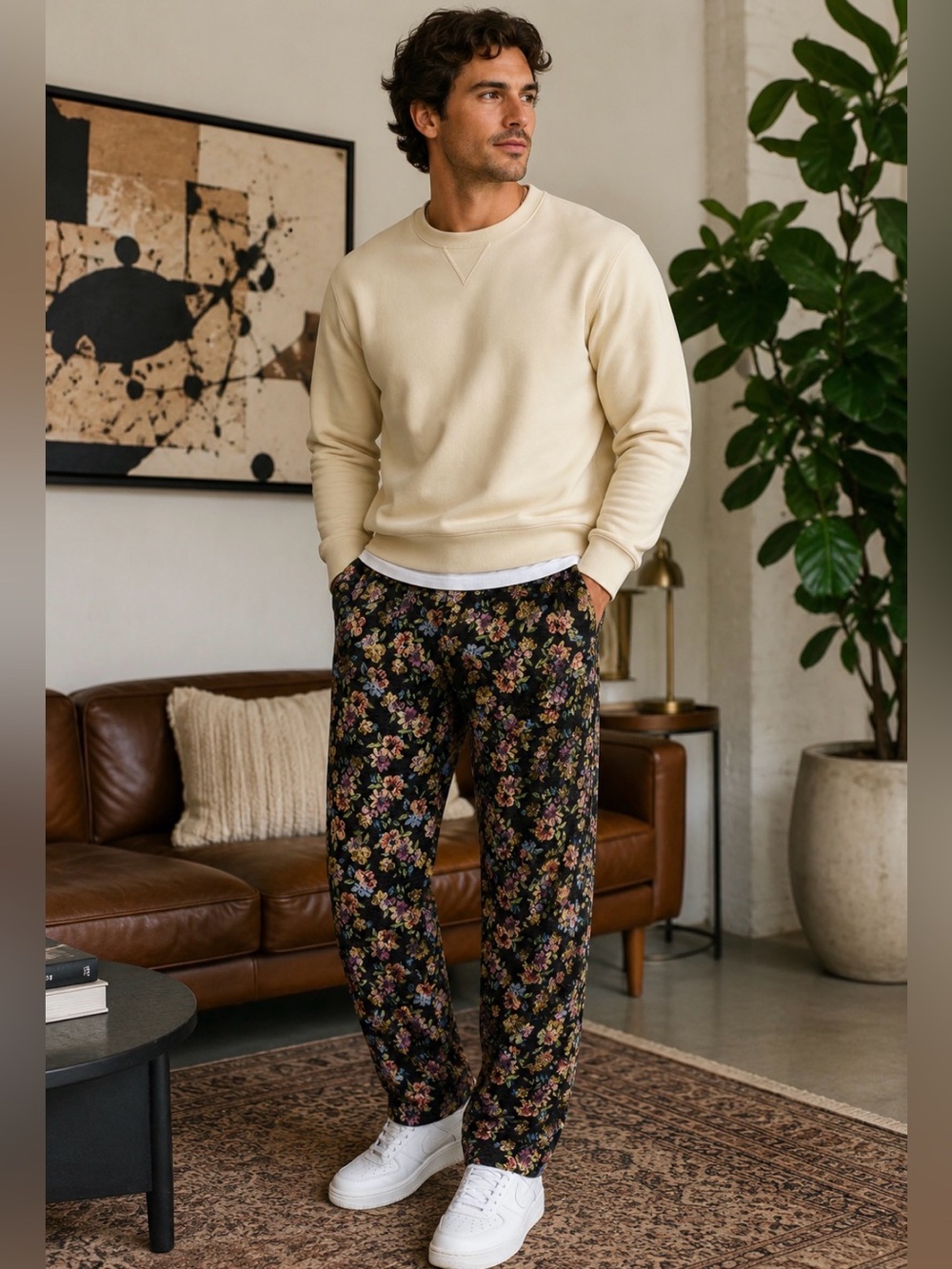 I Love Ugly Men’s Floral Tapestry Black Woven Jacquard Pants Size Large NWOT